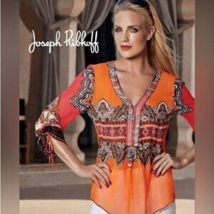 Joseph Ribkoff Bulgaria 🇧🇬 Made Semi Sheer Beaded Rhinestone V neck Top Size 4